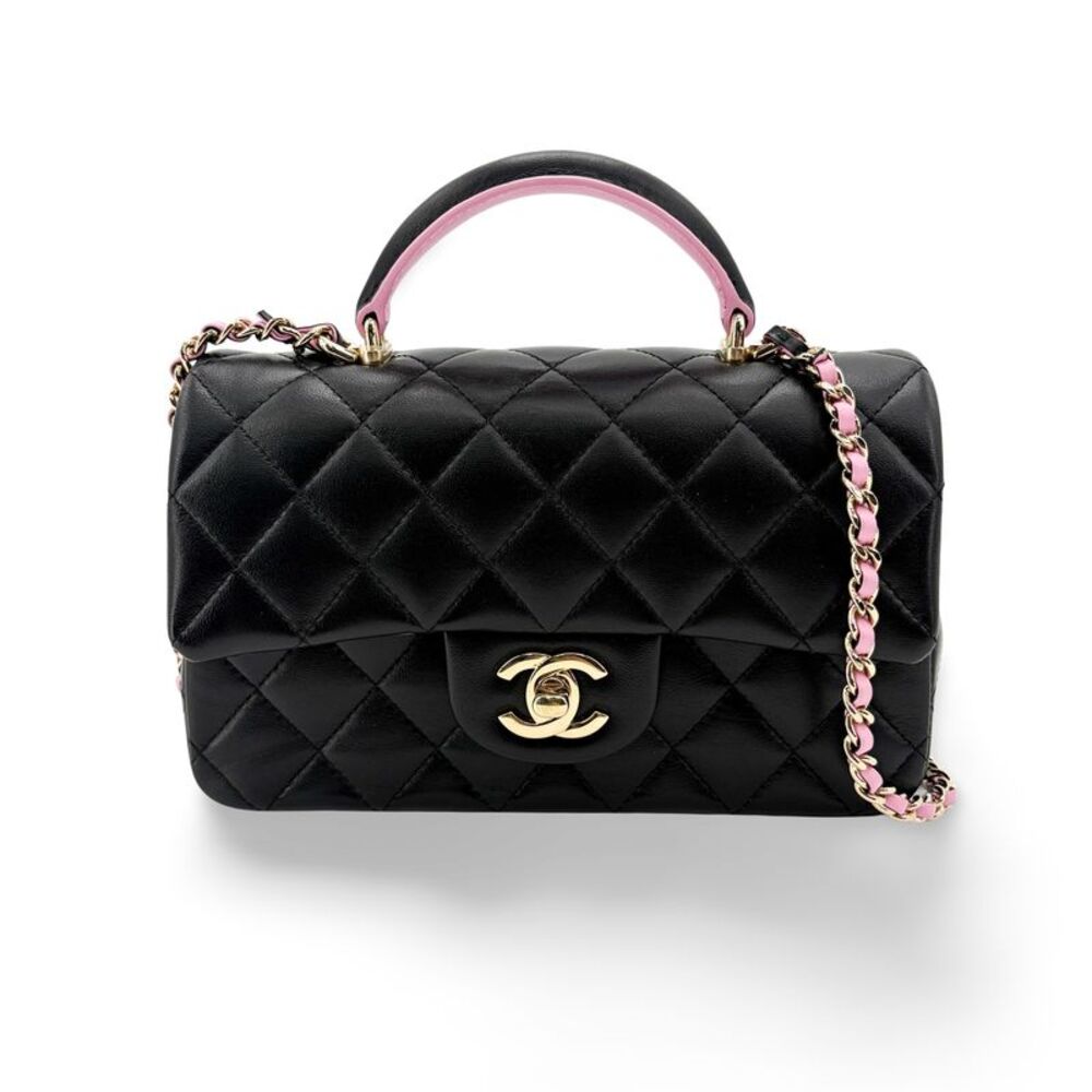 Chanel Classic Single Flap Top Handle Quilted Iridescent Lambskin Black Leather
